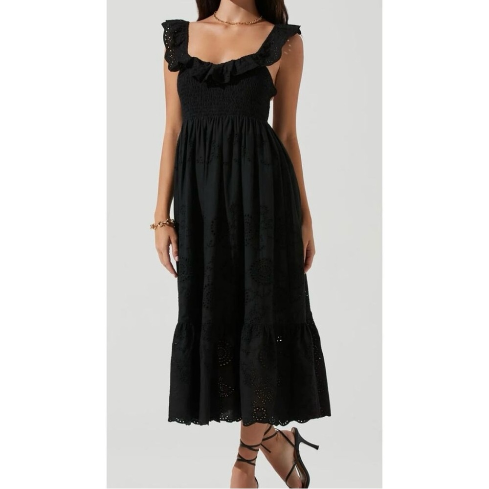 ASTR The Label Women's Black Cottage Eyelet Ruffle Midi Dress Size Medium